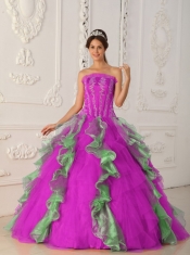 Hot Pink and Green Floor-length Appliques and Beading Cheap Quinceanera Dresses For 2014