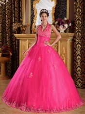 Hot Pink Ball Gown Halter 15th Birthday Dresses Appliques Tulle