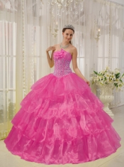 Hot Pink Ball Gown Strapless 15th Birthday Dresses Taffeta and Organza Beading