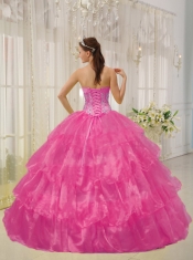 Hot Pink Ball Gown Strapless 15th Birthday Dresses Taffeta and Organza Beading