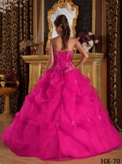 Hot Pink Ball Gown Strapless Floor-length Pick-ups Tulle For Sweet 16 Dresses