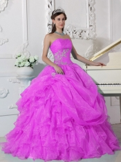 Hot Pink Ball Gown Strapless Floor-length Quinceanera Dress with Organza Beading