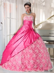 Hot Pink Ball Gown Strapless Quinceanera Dress with Taffeta Lace