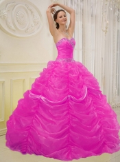 Hot Pink Ball Gown Sweetheart 15th Birthday Dresses Organza Beading