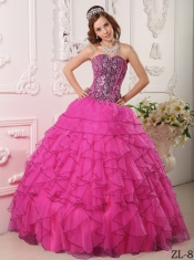 Hot Pink Ball Gown Sweetheart Floor-length Organza Beading Beautiful Quinceanera Dress