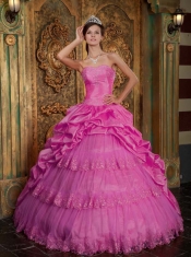 Hot Pink Ball Gown Sweetheart Floor-length Taffeta and Tulle Lace Quinceanera Dress with Appliques