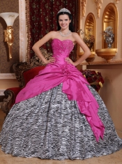 Hot Pink Ball Gown Sweetheart Pretty Quinceanera Dresses Taffeta and Zebra Beading