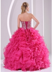 Hot Pink Beading and Ruffles Sweetheart Lace-up Spring Quinceanera Dresses Ball Gown