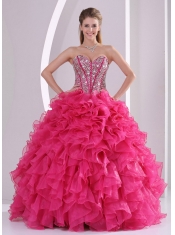 Hot Pink Beading and Ruffles Sweetheart Lace-up Spring Quinceanera Dresses Ball Gown