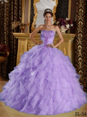 Lavender Ball Gown Strapless Floor-length Satin and Organza Embroidery Quinceanera Dress with Beading
