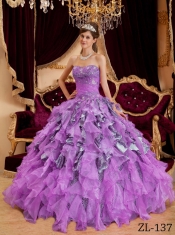Lavender Best Quinceanera Dresses Ruffles Beadings Organza and Leopard Sweetheart