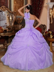 Lavender One Shoulder Appliques Organza Ball Gown Dress with Hand Made Flower and Ruching
