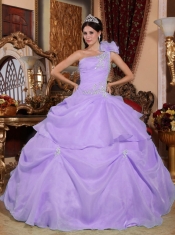 Lavender One Shoulder Appliques Organza Ball Gown Dress with Hand Made Flower and Ruching