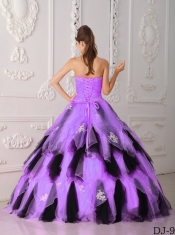 Lilac and Black A-Line 15th Birthday Dresses with Strapless Organza Appliques