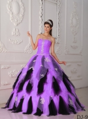 Lilac and Black A-Line 15th Birthday Dresses with Strapless Organza Appliques