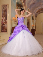Lilac and White A-Line Sweetheart Quinceanera Dress with Beading Tulle and Taffeta