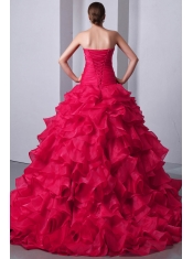 Luxurious A-Line / Princess Sweetheart Hot Pink Brush Train Organza Ruffles Quinceanea Dress