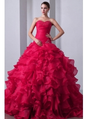 Luxurious A-Line / Princess Sweetheart Hot Pink Brush Train Organza Ruffles Quinceanea Dress