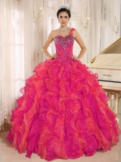 Luxurious Red One Shoulder Beaded Ruffles Beautiful Quinceanera Dress In Spring Or Winter