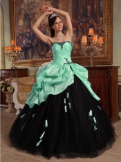 Modest Apple Green and Black Sweetheart Floor-length Lace-up Hand Flowers Tulle and Taffeta Beautiful Quinceanera Dress 2014