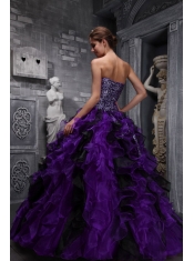 Modest Purple Sweetheart Floor-length Zebra and Organza Quinceanera Dress With Ruffles and Beading