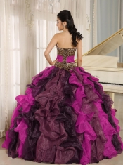 Multi-color Leopard and Organza  V-neck Ball Gown Dress With Ruffles and Beading