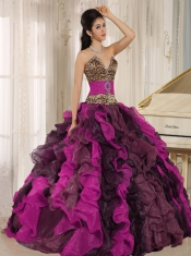 Multi-color Leopard and Organza V-neck Ball Gown Dress With Ruffles and Beading