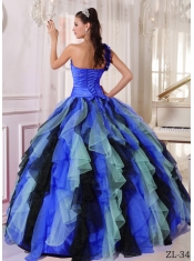 Multi-colored Ball Gown One Shoulder With Organza Beading and Ruffles Classical Quinceanera Dresses