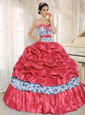 New Styles Beaded and Pick-ups For Red Quinceanera Dress Taffeta and Printing