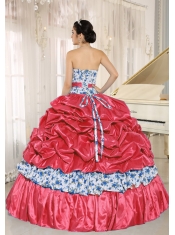New Styles Beaded and Pick-ups For Red Quinceanera Dress Taffeta and Printing