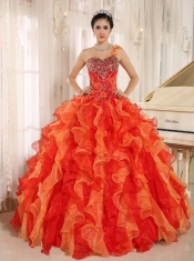 New Styles Custom Made Orange Red One Shoulder Beaded Decorate Ruffles Quinceanera Dress In Spring