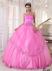 New Styles Hot Pink Ball Gown Sweetheart With Taffeta and Tulle Appliques Quinceanera Dress