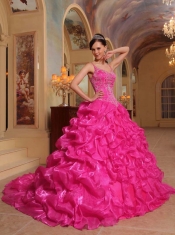 New Styles Hot Pink Ball Gown With Spaghetti Straps And Organza Embroidery Quinceanera Dress