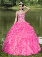 New Styles Hot Pink Quinceanera Dress Clearance With Sweetheart Beaded Ruffles Layered Decorate With Organza