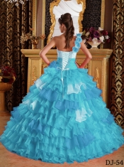 New Styles In Aqua Blue Ball Gown One Shoulder With Organza Ruffles and Beading Quinceanera Dress