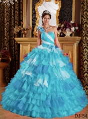 New Styles In Aqua Blue Ball Gown One Shoulder With Organza Ruffles and Beading Quinceanera Dress