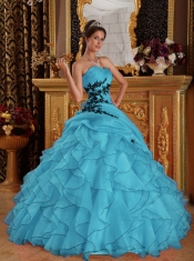 New Styles In Aqua Blue Ball Gown Sweetheart With Organza Appliques Quinceanera Dress