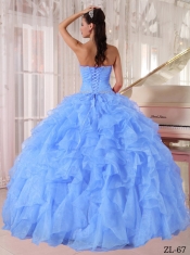 New Styles In Blue Ball Gown Strapless With Organza Beading Quinceanera Dress