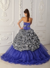 New Styles In Blue Ball Gown With Chapel Train Zebra and Organza Quinceanera Dress