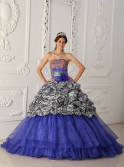 New Styles In Blue Ball Gown With Chapel Train Zebra and Organza Quinceanera Dress