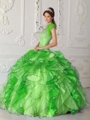 New Styles In Green Ball Gown Strapless With Satin and Organza Beading Quinceanera Dress