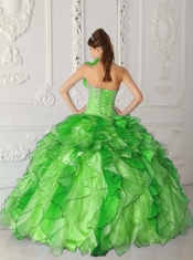 New Styles In Green Ball Gown Strapless With Satin and Organza Beading Quinceanera Dress