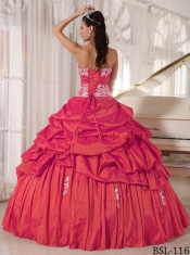 New Styles In Red Ball Gown Sweetheart With Taffeta Appliques and Ruching Quinceanera Dress