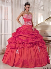 New Styles In Red Ball Gown Sweetheart With Taffeta Appliques and Ruching Quinceanera Dress