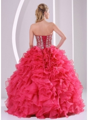 New Styles In Red Ball Gown With Sweetheart Ruffles and Beading Decorate Quinceanera Gowns
