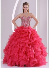 New Styles In Red Ball Gown With Sweetheart Ruffles and Beading Decorate Quinceanera Gowns