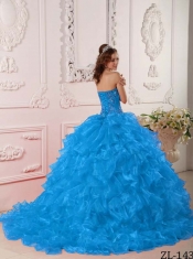 New Styles In Teal Ball Gown Strapless With Organza Ruffles And Embroidery Quinceanera Dress