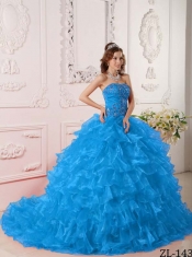 New Styles In Teal Ball Gown Strapless With Organza Ruffles And Embroidery Quinceanera Dress