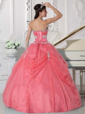 New Styles Watermelon Ball Gown With  Appliques and Hand Made Flower Quinceanera Dress