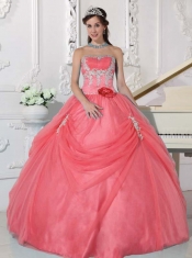 New Styles Watermelon Ball Gown With Appliques and Hand Made Flower Quinceanera Dress